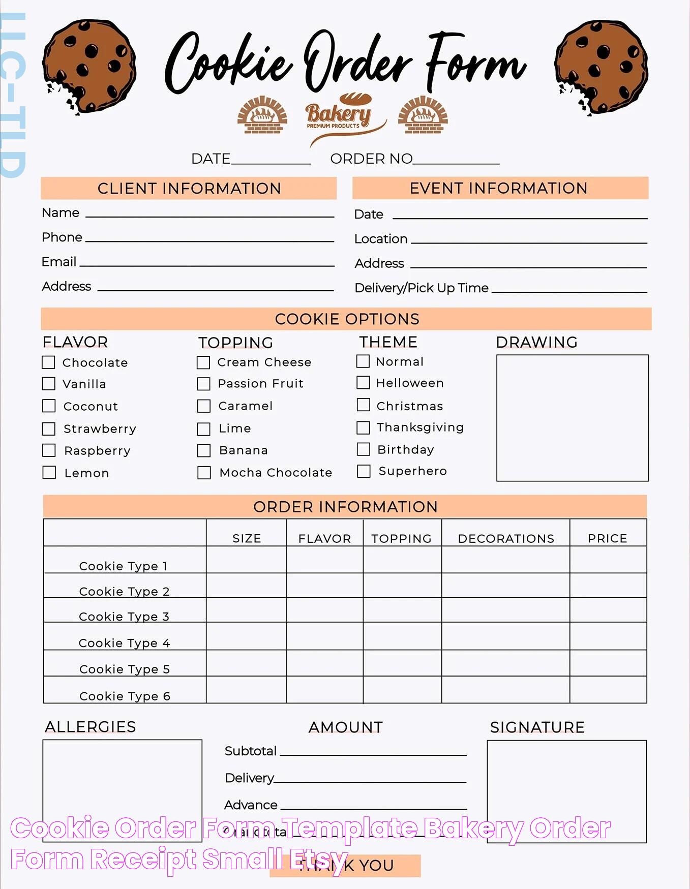 Cookie Order Form Template Bakery Order Form Receipt Small Etsy