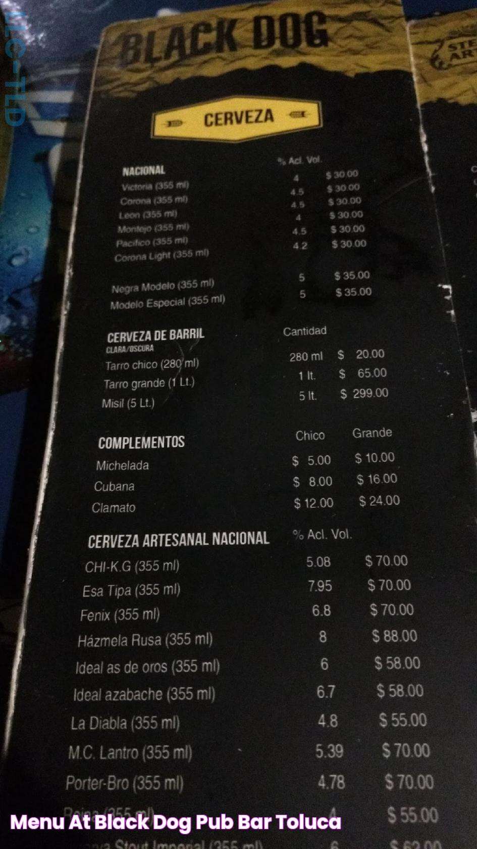 Menu at Black Dog pub & bar, Toluca