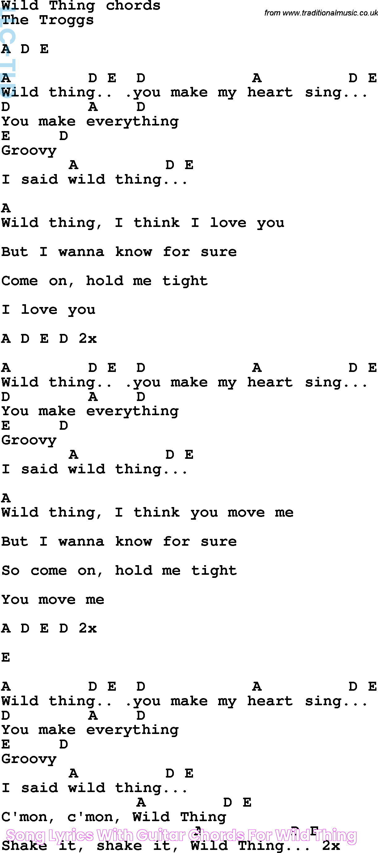 Song lyrics with guitar chords for Wild Thing