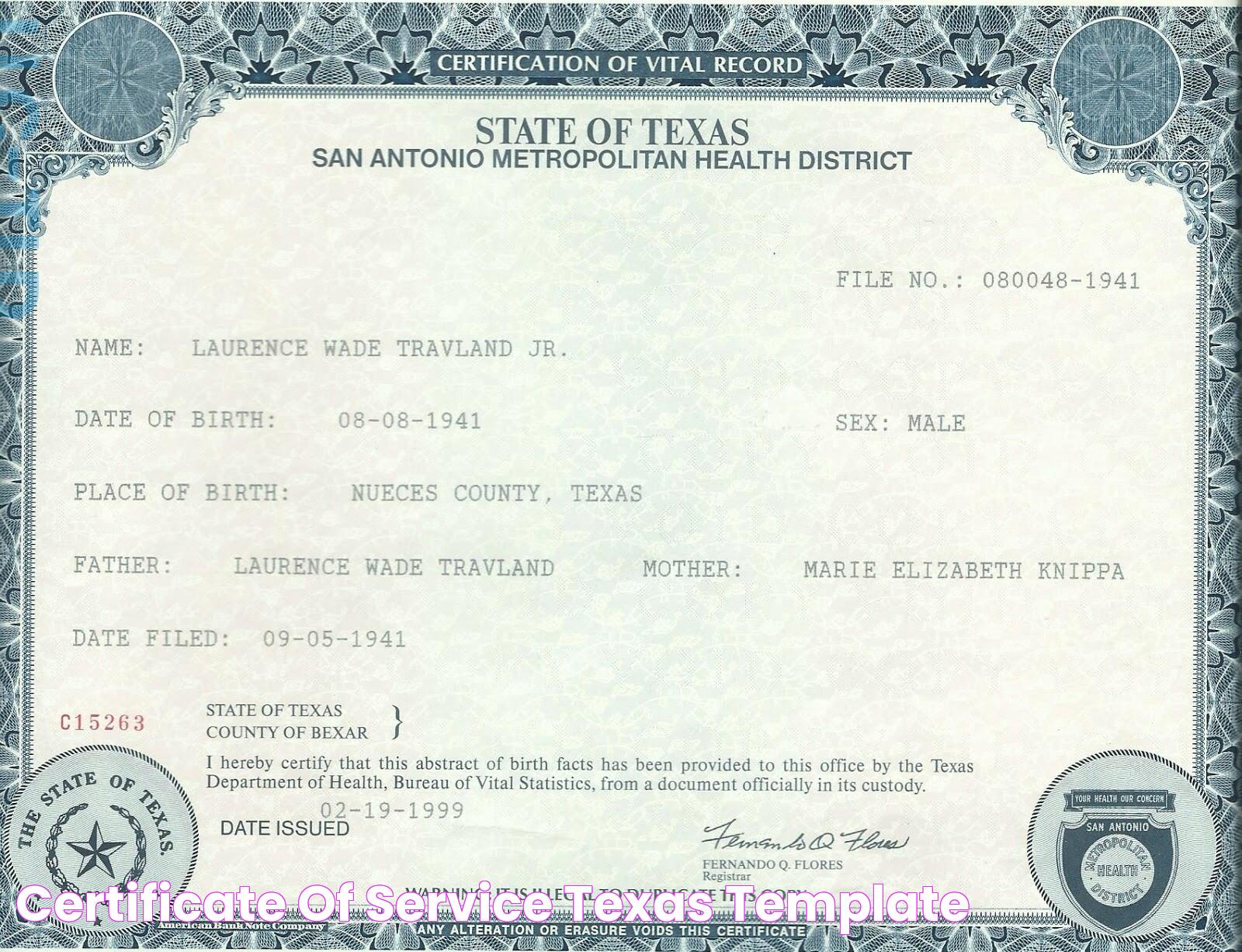 Certificate Of Service Texas Template